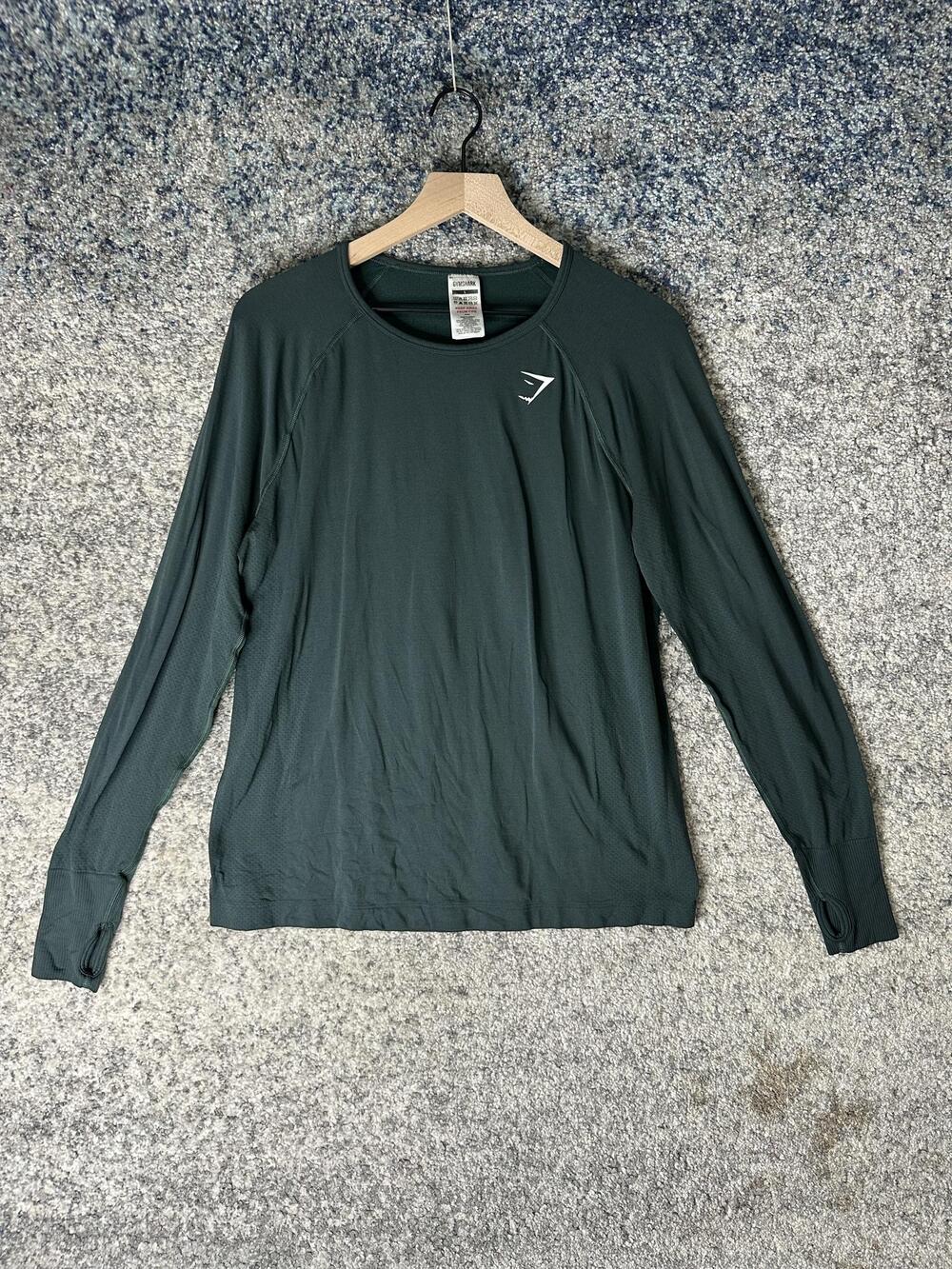 Gymshark Shirt Mens Large Green Long Sleeve Mesh Running Athletic Tee Top